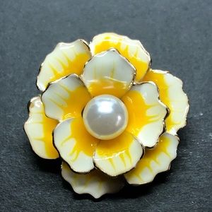 Yellow Enamel and Pearl Peony Brooch/Pendant
